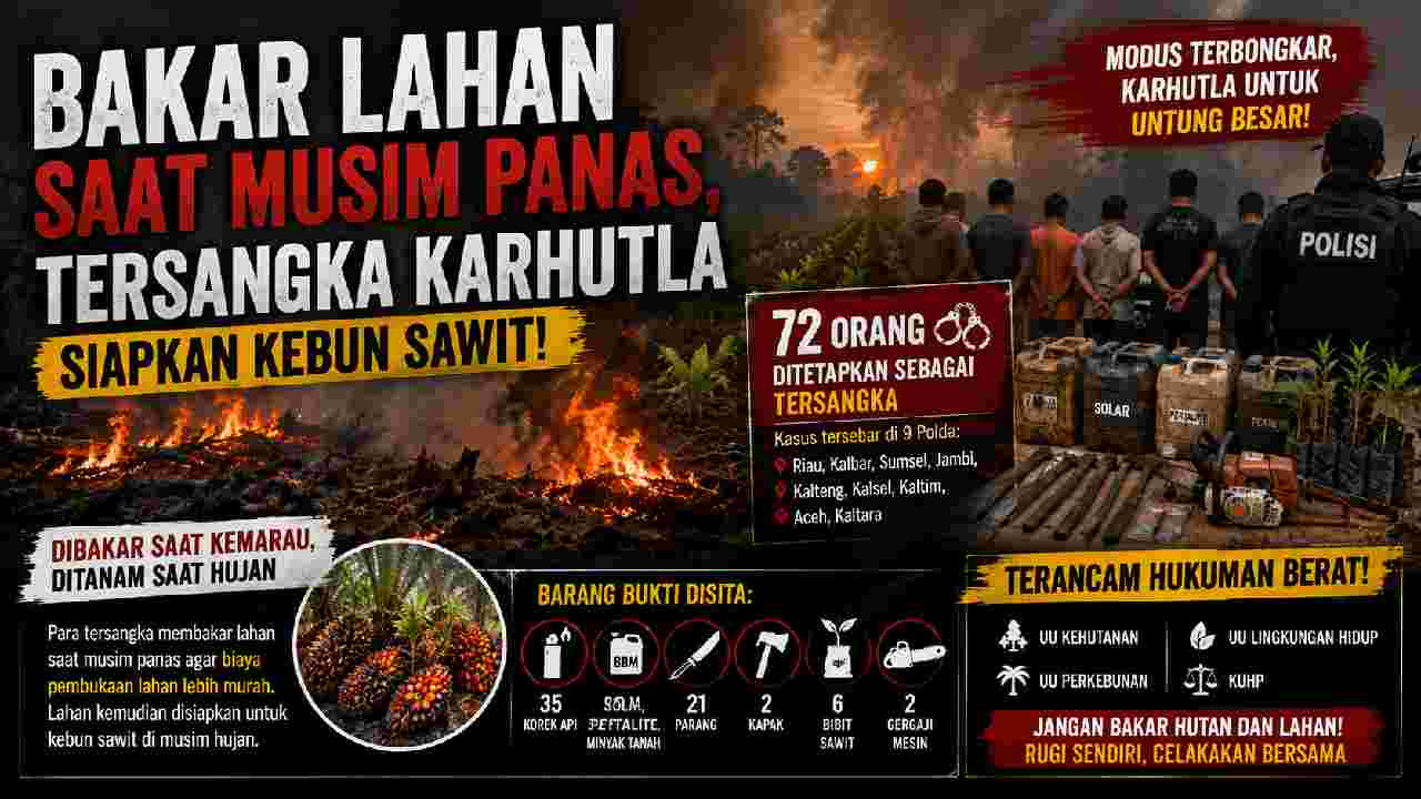 Bakar Lahan demi Kebun Sawit, 72 Tersangka Karhutla Terjerat Hukum